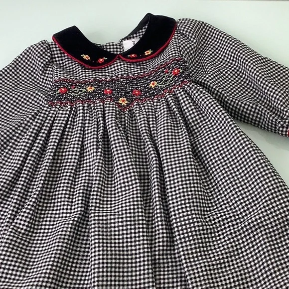 Rare Editions Smocked Houndstooth Floral velvet trim dress size 18M EUC - Picture 10 of 14